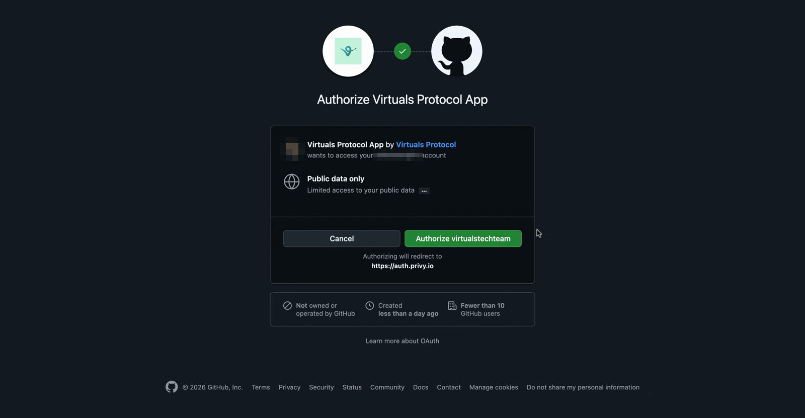 GitHub OAuth screen authorizing the Virtuals Protocol app for public data only