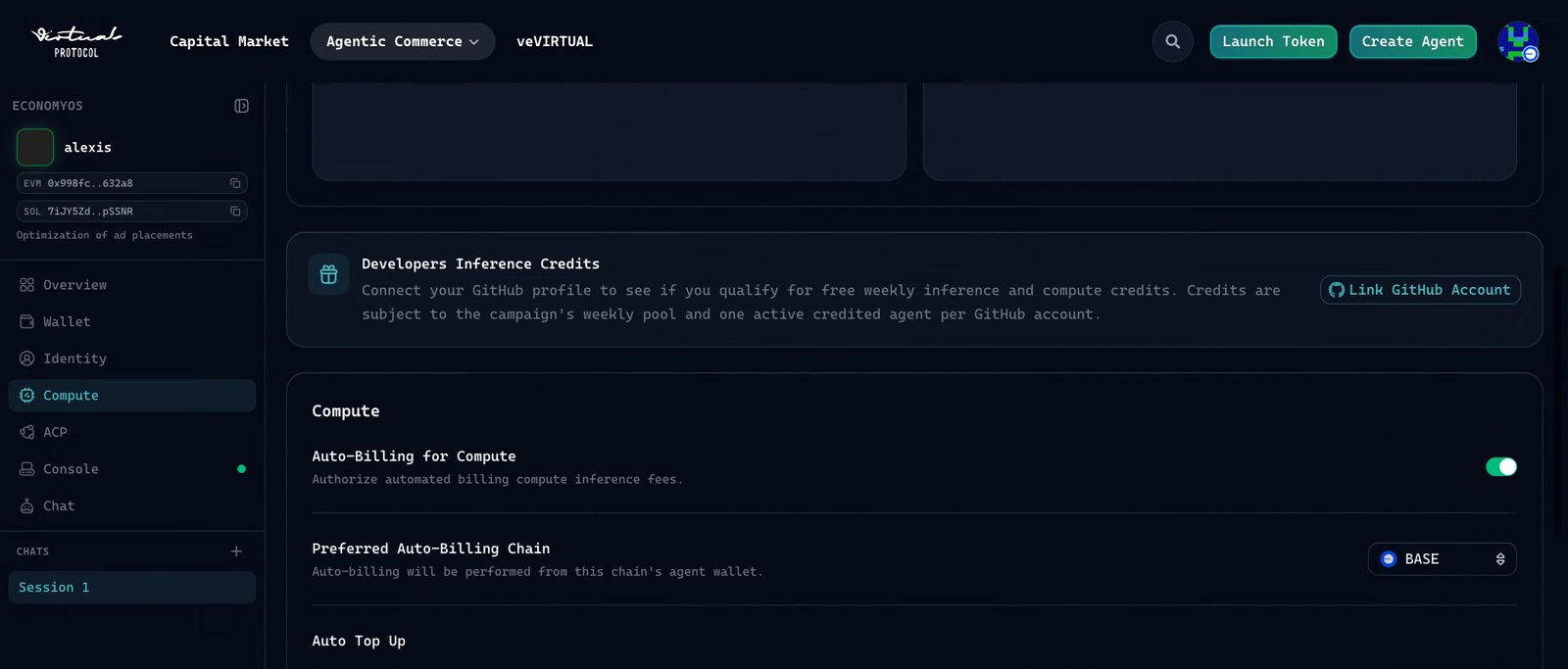 EconomyOS Compute page with the Developers Inference Credits card and the Link GitHub Account button
